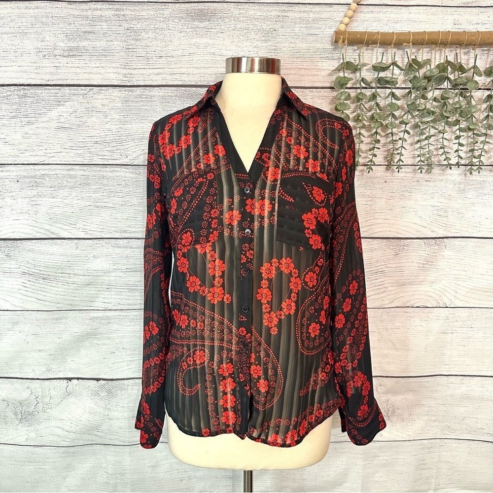 Express Portofino Shirt Black Red Floral Paisley Stripe Sheer Blouse Slim Small